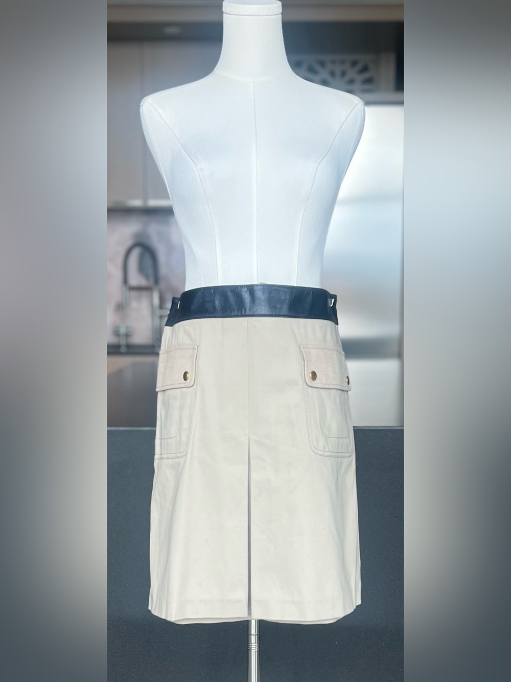 Tory Burch Cream Midi Skirt with Navy Waistband
